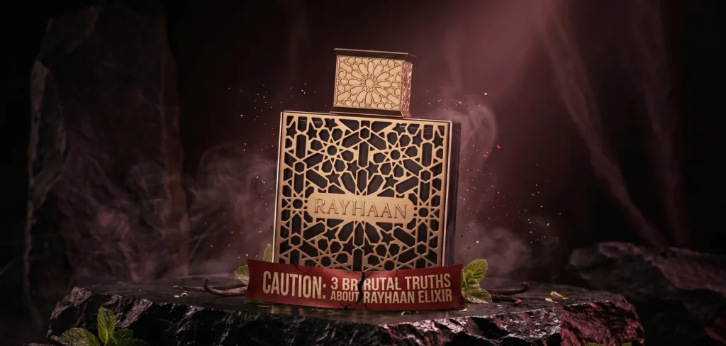 Caution! 3 Brutal Truths About Rayhaan Elixir - Honest review of the JPG Le Male Elixir clone showing the perfume bottle with warning elements