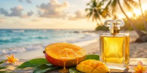 Best Sunplosion clones: photorealistic mango perfume bottle with fresh ripe mango and tropical beach background