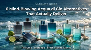 Best Acqua di Gio alternatives and clones including Maison Alhambra Jorge Di Profumo and Profondo with luxurious ocean background