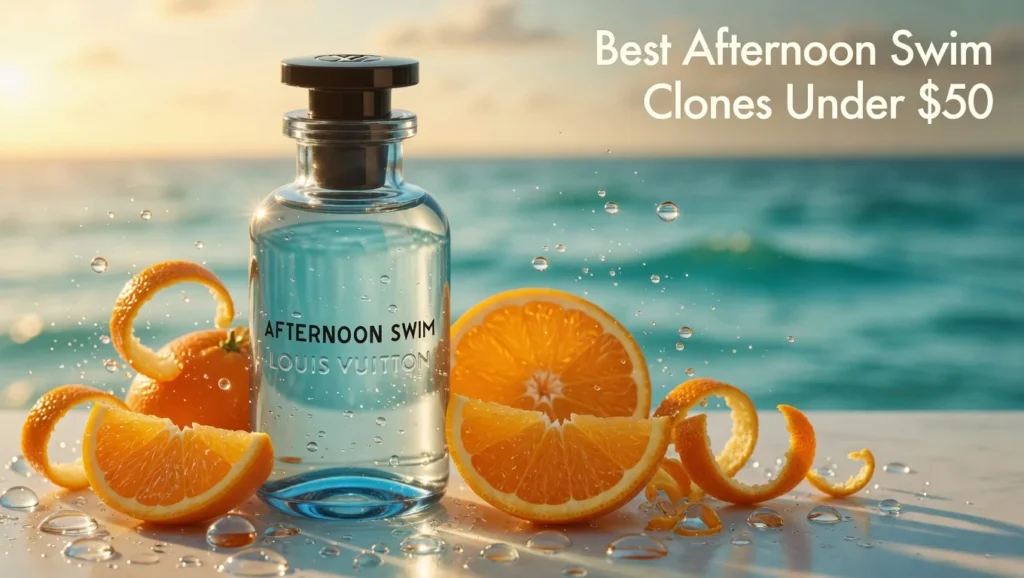 Best Louis Vuitton Afternoon Swim Clone: 4 Sparkling Orange Dupes Under $50 1 Luxury Louis Vuitton Afternoon Swim bottle surrounded by fresh mandarins and orange slices, featuring the best affordable clones and dupes under $50