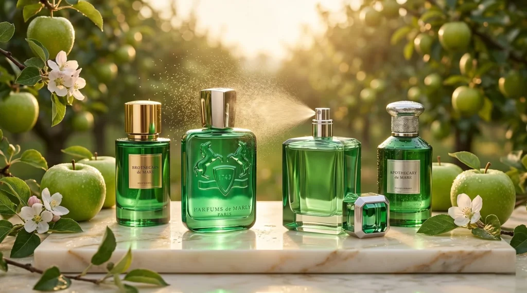 Best Parfums de Marly Greenley dupes - elegant perfume bottles with fresh green apples in a luxurious dewy orchard setting