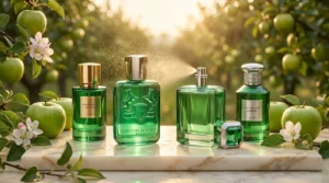 Best Parfums de Marly Greenley dupes - elegant perfume bottles with fresh green apples in a luxurious dewy orchard setting