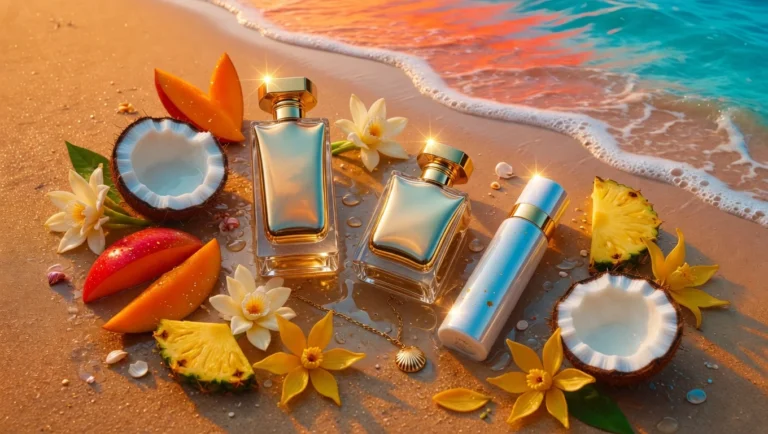 Best sunscreen perfume dupes showing luxury vacation glow with creamy coconut and solar scents on beach sand