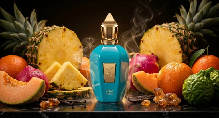 Best Xerjoff Erba Pura Dupes: 5 Nuclear Fruity-Musk Clones Under $40 92 Best Xerjoff Erba Pura dupes and clones including Al Haramain Amber Oud Gold on luxurious dark background with tropical fruits