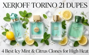 Best Xerjoff Torino 21 dupes featuring Lattafa Maahir Honor, Armaf Club de Nuit Iconic, Afnan Rare Reef and Rasasi Hawas Verde with fresh mint and citrus