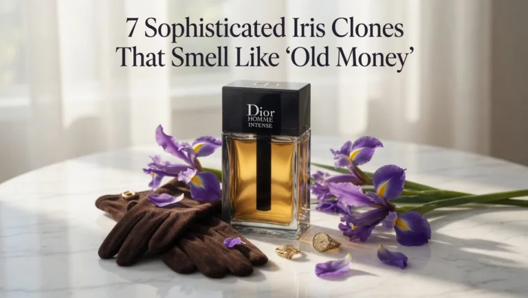 Sophisticated dark Dior Homme Intense perfume bottle with purple iris flowers on luxurious velvet, representing the best old money iris clones and Dior Homme dupes
