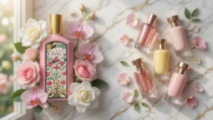 Best Gucci Flora dupes and affordable clones under $40 featuring Lattafa Atheeri, Bath & Body Works Dressed in White, and Maison Alhambra Florence with fresh white gardenias and orchids