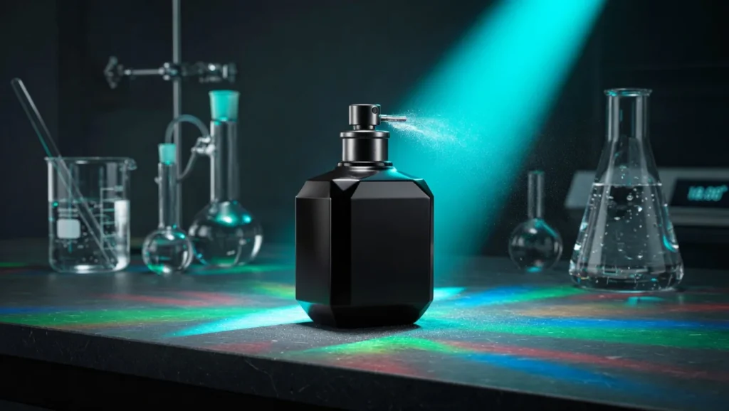 A close-up of a premium bottle demonstrating how to macerate a Lattafa perfume on a dark laboratory workbench with an industrial teal lighting setup