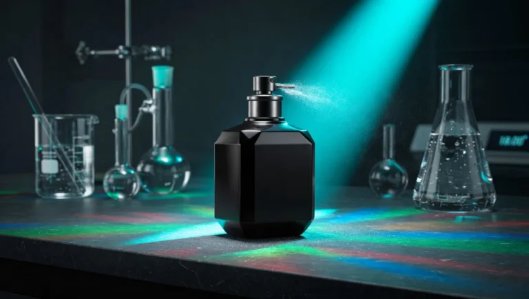 A close-up of a premium bottle demonstrating how to macerate a Lattafa perfume on a dark laboratory workbench with an industrial teal lighting setup