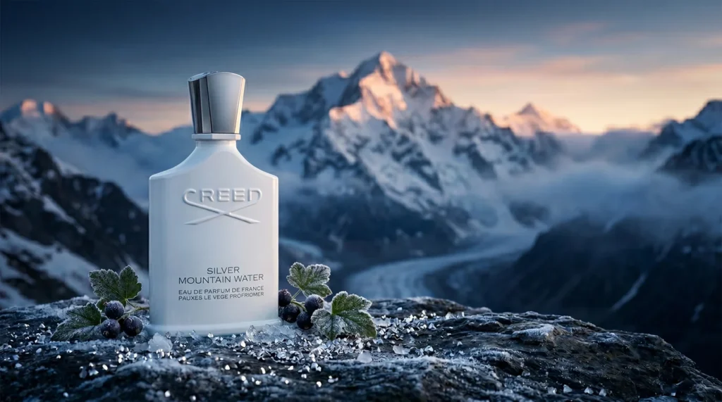 Creed Silver Mountain Water Dupes: The Flawless 8-Hour Secrets 1 Creed Silver Mountain Water dupes - icy metallic blue perfume bottle with snowy mountain background