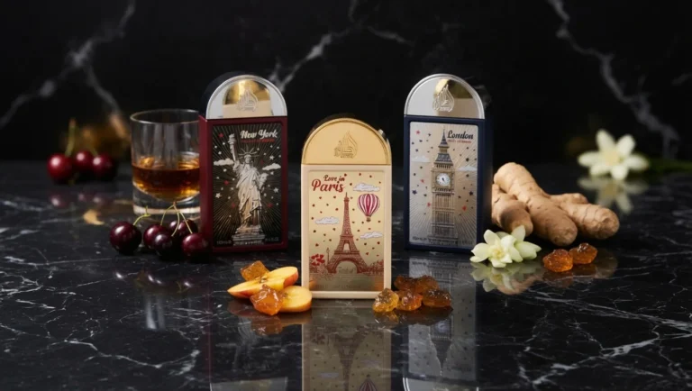 Three premium perfume bottles from the Lattafa Pride Cities Collection—Love From Paris, New York, and London—displayed on a luxury dark marble surface with fresh ingredients representing their fragrance notes