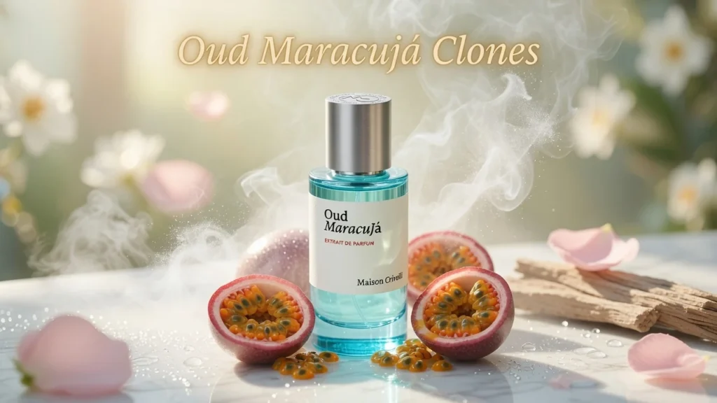 Oud Maracujá Clones: 5 Top Tropical Passionfruit Dupes That Last 1 Luxurious Oud Maracuja perfume bottle surrounded by fresh passionfruit and oud wood with dramatic smoke, representing the best affordable clones and dupes