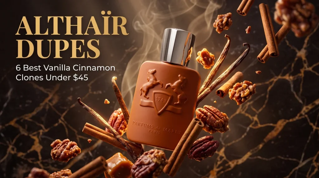 Best Parfums de Marly Althaïr dupes - 6 vanilla cinnamon clones under $45 in elegant perfume bottles with warm spices