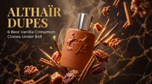 Best Parfums de Marly Althaïr dupes - 6 vanilla cinnamon clones under $45 in elegant perfume bottles with warm spices