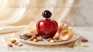 Best Dior Hypnotic Poison dupes featuring rich almond vanilla fragrance bottles with creamy vanilla beans and plums on elegant background