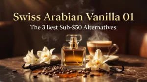 Luxurious Swiss Arabian Vanilla 01 perfume bottle with coffee beans, vanilla pods, and white flowers on a warm marble background - best affordable dupes and alternatives under $50