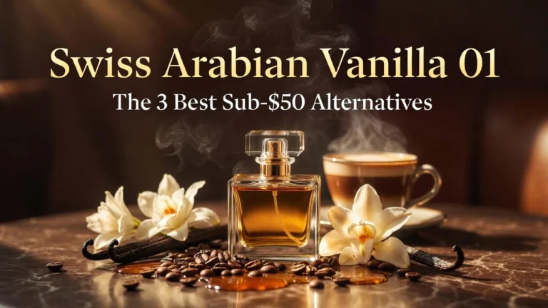 Luxurious Swiss Arabian Vanilla 01 perfume bottle with coffee beans, vanilla pods, and white flowers on a warm marble background - best affordable dupes and alternatives under $50