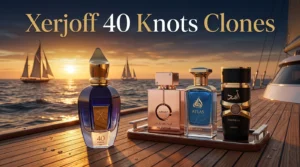 Luxury yacht deck at golden hour with Xerjoff 40 Knots perfume bottle and its three best affordable clones: Armaf Milestone, Lattafa Atlas, and Lattafa Asad Zanzibar. Salty marine woody fragrance dupes under $40.