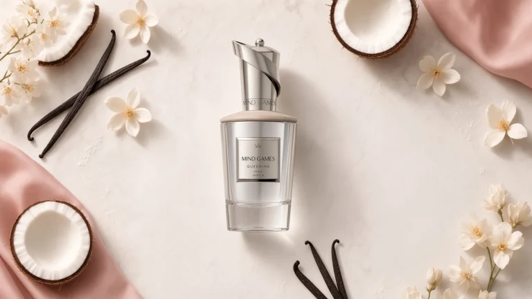 Four best Mind Games Queening perfume clones under $40 arranged on a soft cream surface with coconut and vanilla beans
