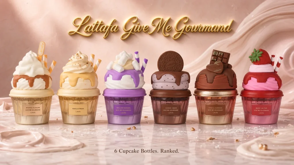 Lattafa Give Me Gourmand collection: six cupcake perfume bottles lined up, including Whipped Pleasure, Vanilla Freak, Mallow Madness, Cookie Crave, Choco Overdose, and Berry On Top