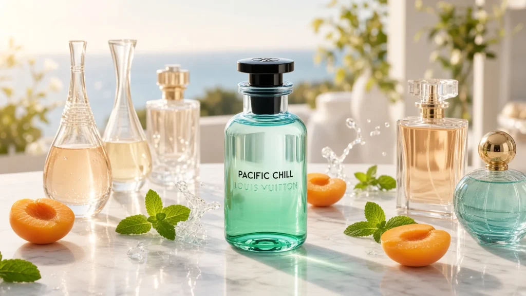 5 Best LV Pacific Chill Clones Under $40: The 'Apricot Smoothie' Dupes 1 Best Louis Vuitton Pacific Chill clones under $40 – apricot mint smoothie perfume bottles on marble with fresh apricots and mint leaves