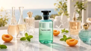 Best Louis Vuitton Pacific Chill clones under $40 – apricot mint smoothie perfume bottles on marble with fresh apricots and mint leaves