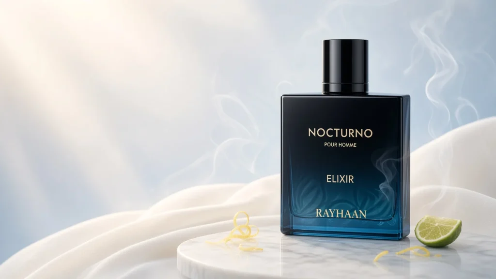 Rayhaan Nocturno Elixir vs Bleu de Chanel: 4 Brutal Reasons To Stop Overpaying 1 Rayhaan Nocturno Elixir midnight-blue bottle beside a dark designer-style flacon on a light marble surface, citrus peel and soft incense smoke in the background